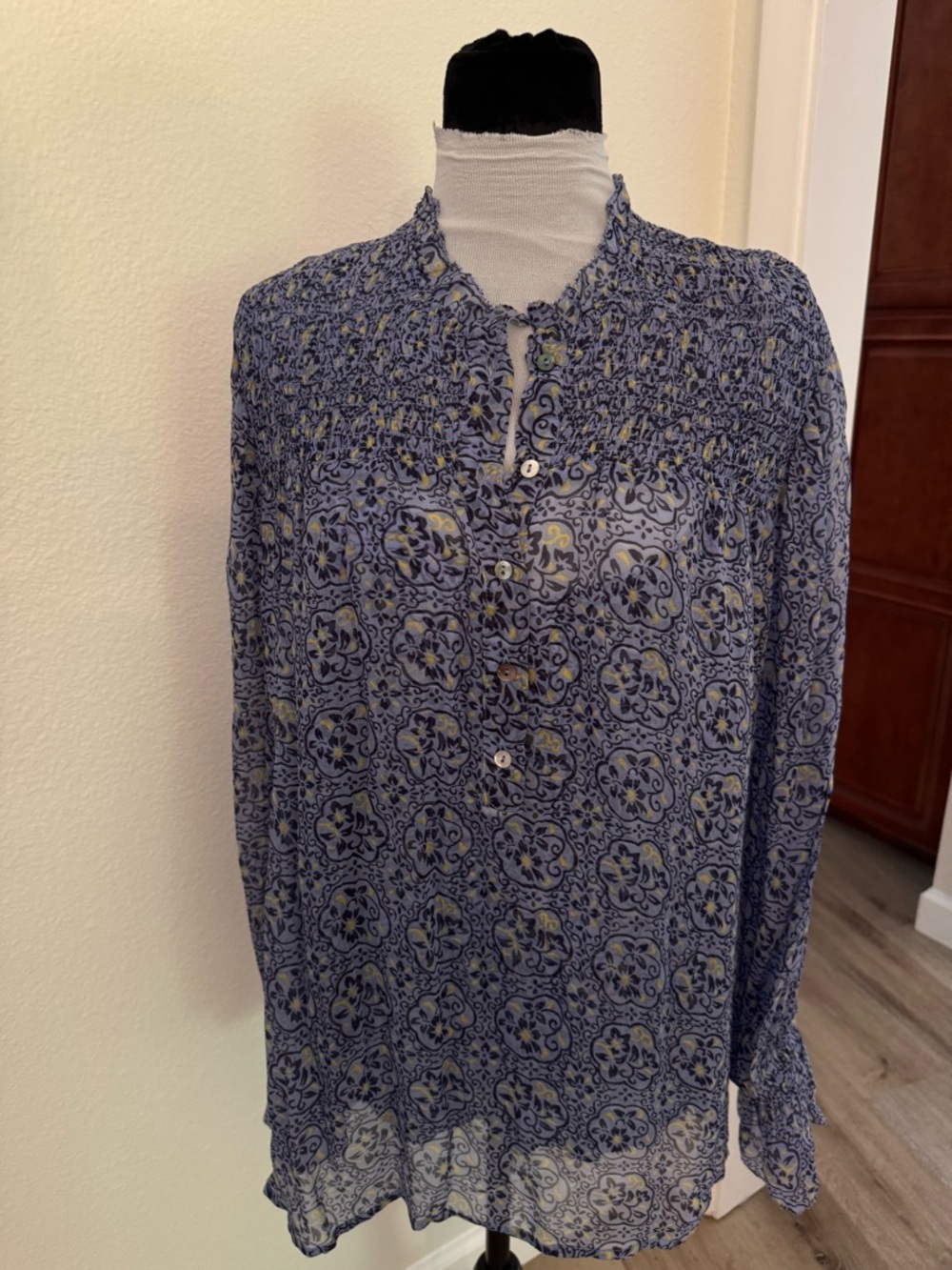 Sundance Blue Printed Smocked Yoke Long Sleeve Blouse with Camisole